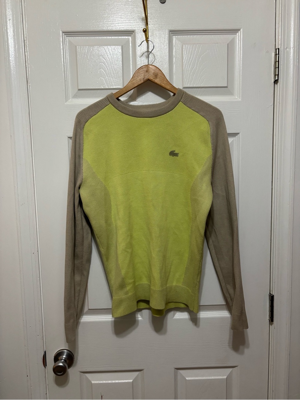 Lacoste Men’s Two-Tone Crewneck Sweater - Lime Center & Taupe Sleeves